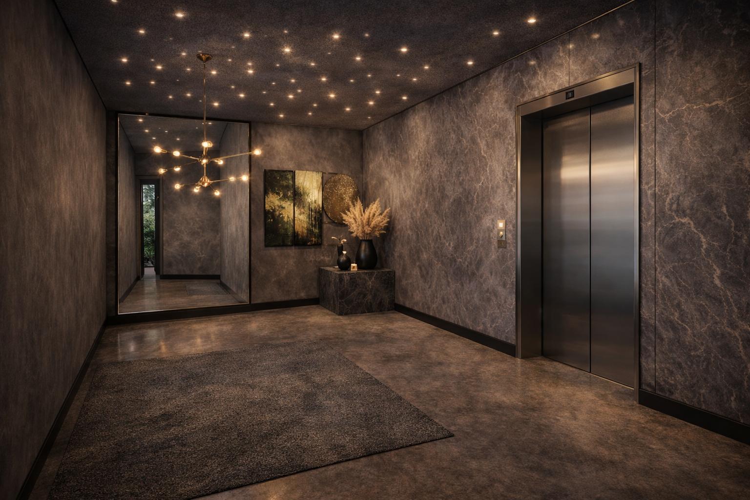 A hallway with a marble floor and walls, a carpeted area, and a wall-mounted elevator.